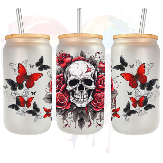 Red Rose Skull Libbey UV DTF 16 oz Wrap