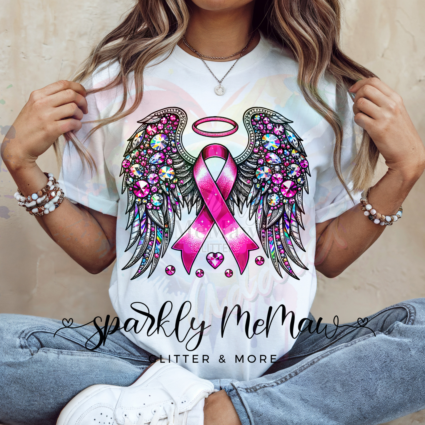 Angel Wings Pink Ribbon Ready to Press DTF Transfer (Fabrics only)