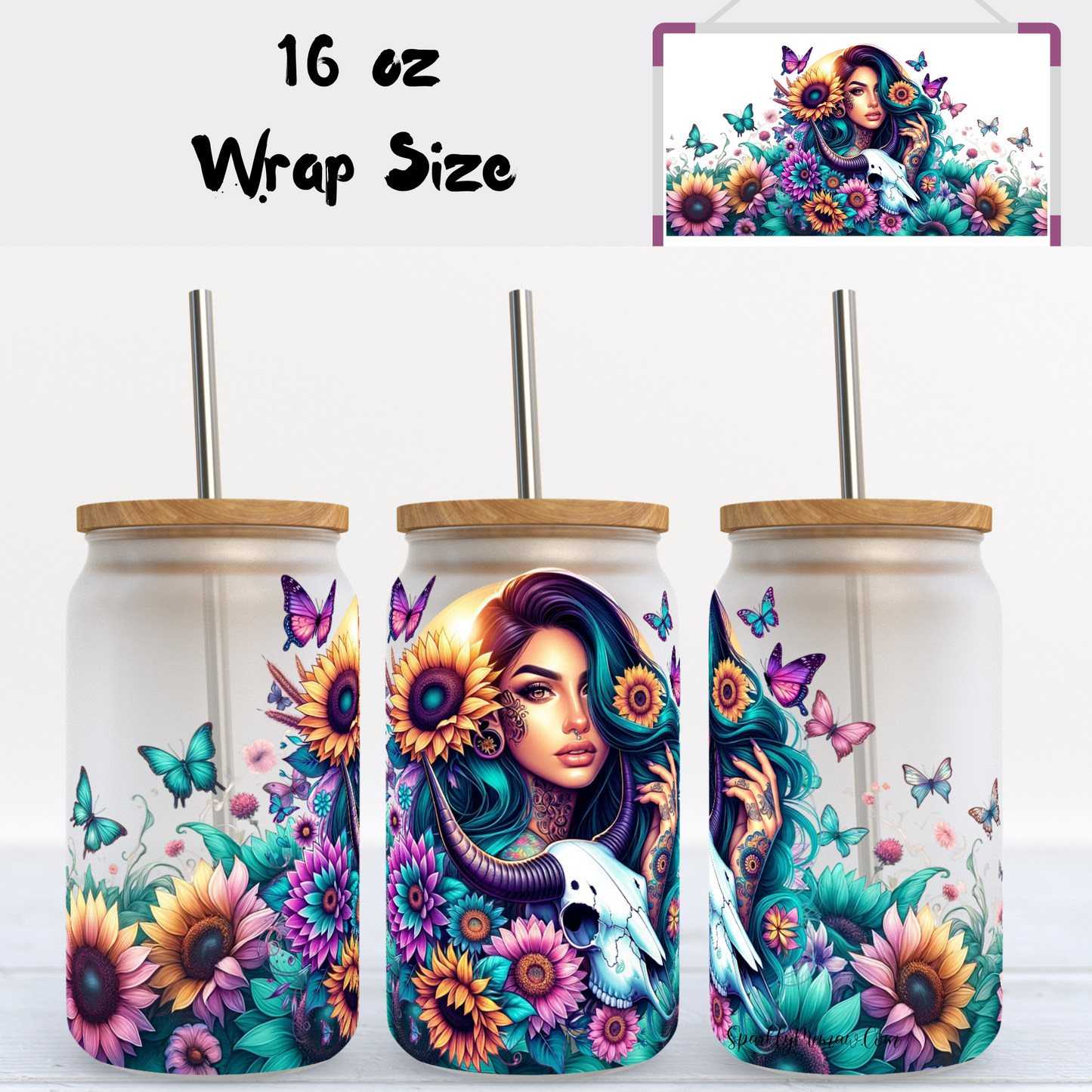 Girl With Bull Skull and flowers UV 16 oz Wrap