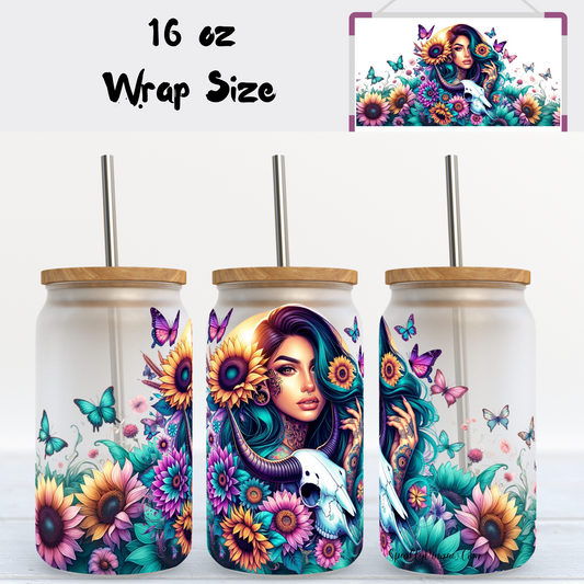 Girl With Bull Skull and flowers UV 16 oz Wrap