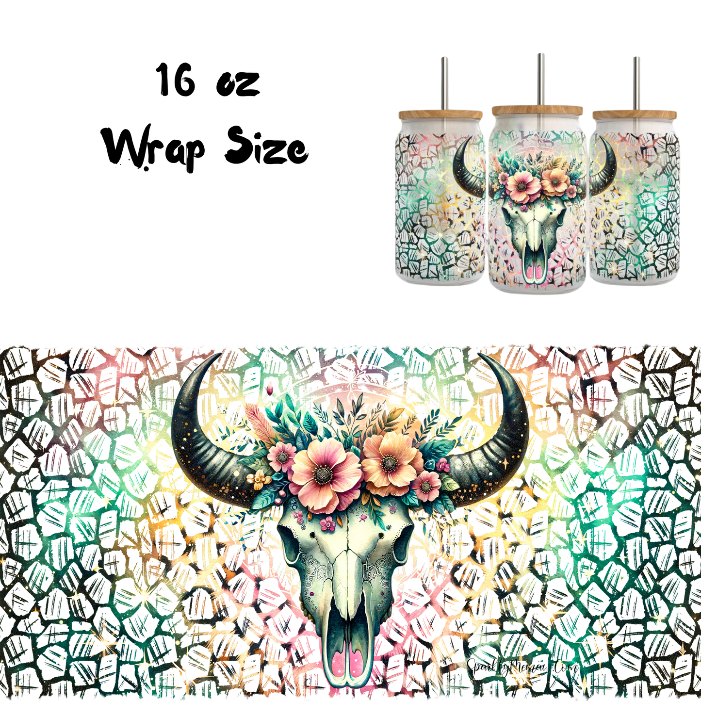 Boho Cow skull UV DTF 16 oz Wrap