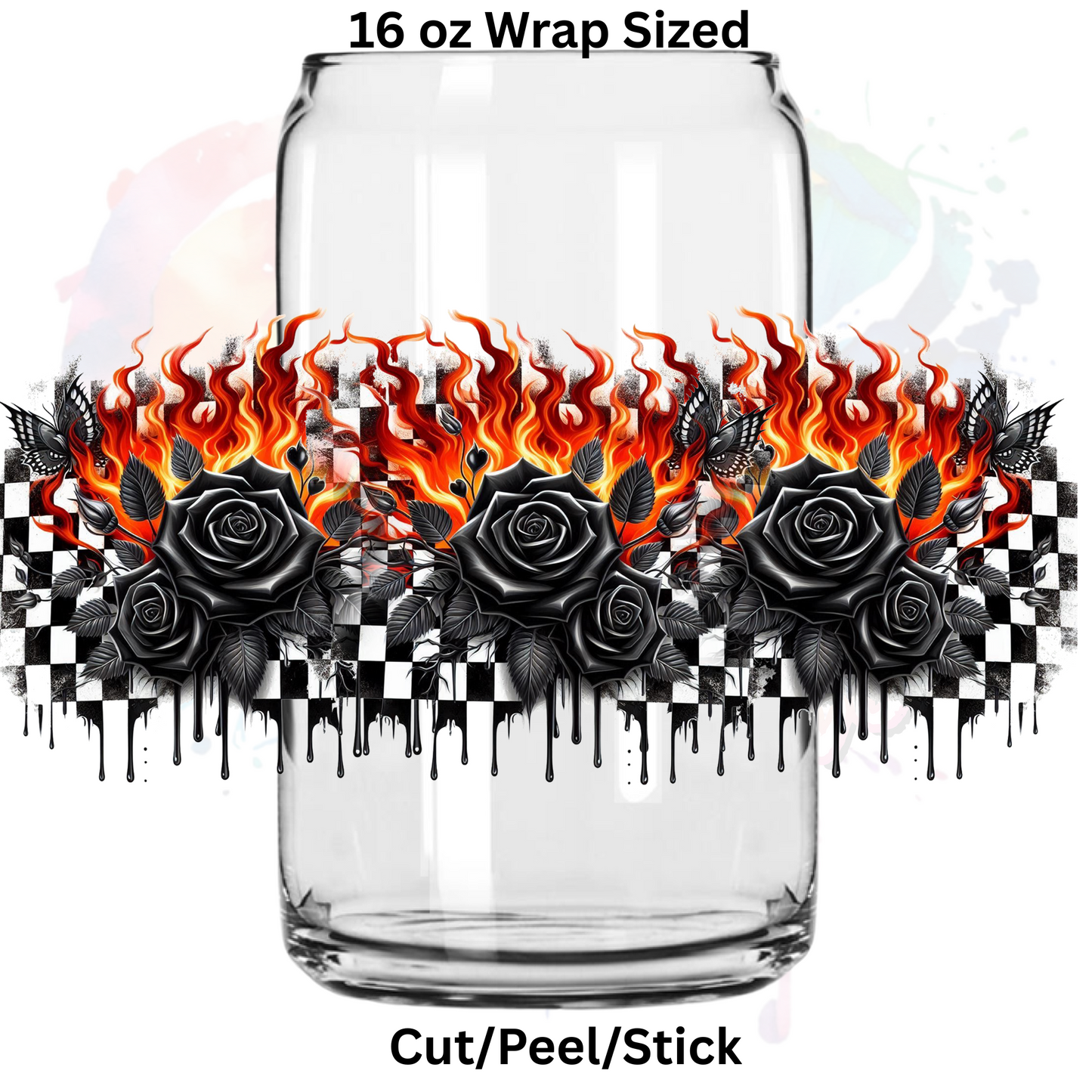 Black Roses and Flames UV DTF 16 Oz wrap