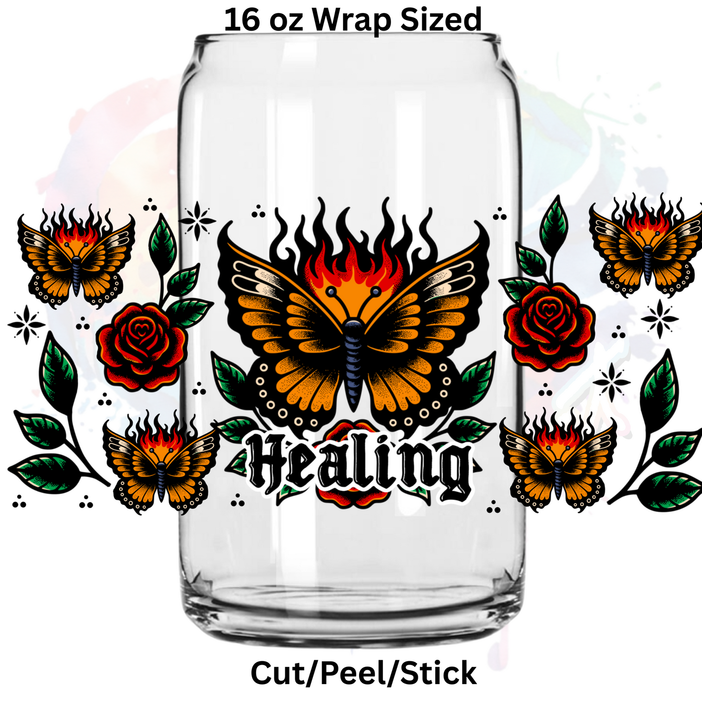 Healing Butterfly Flames UV DTF 16 Oz wrap