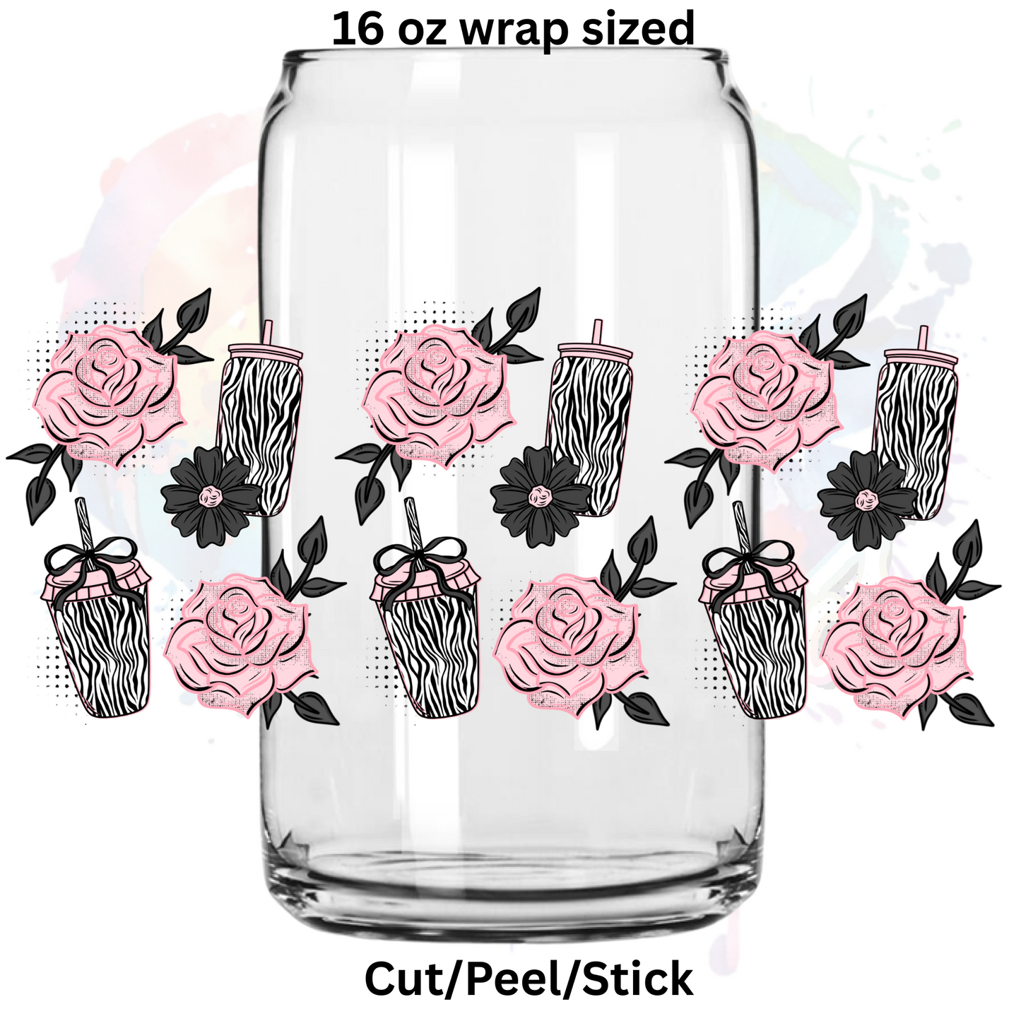 Zebra Cups and flowers UV DTF 16 Oz wrap