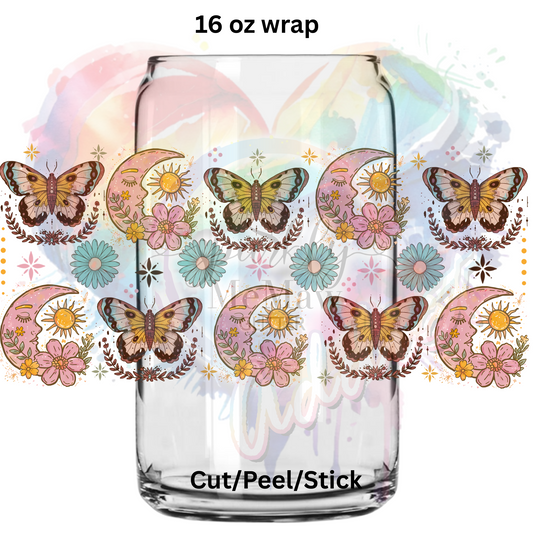 Butterflies Boho sun and moon  UV  DTF 16 Oz wrap