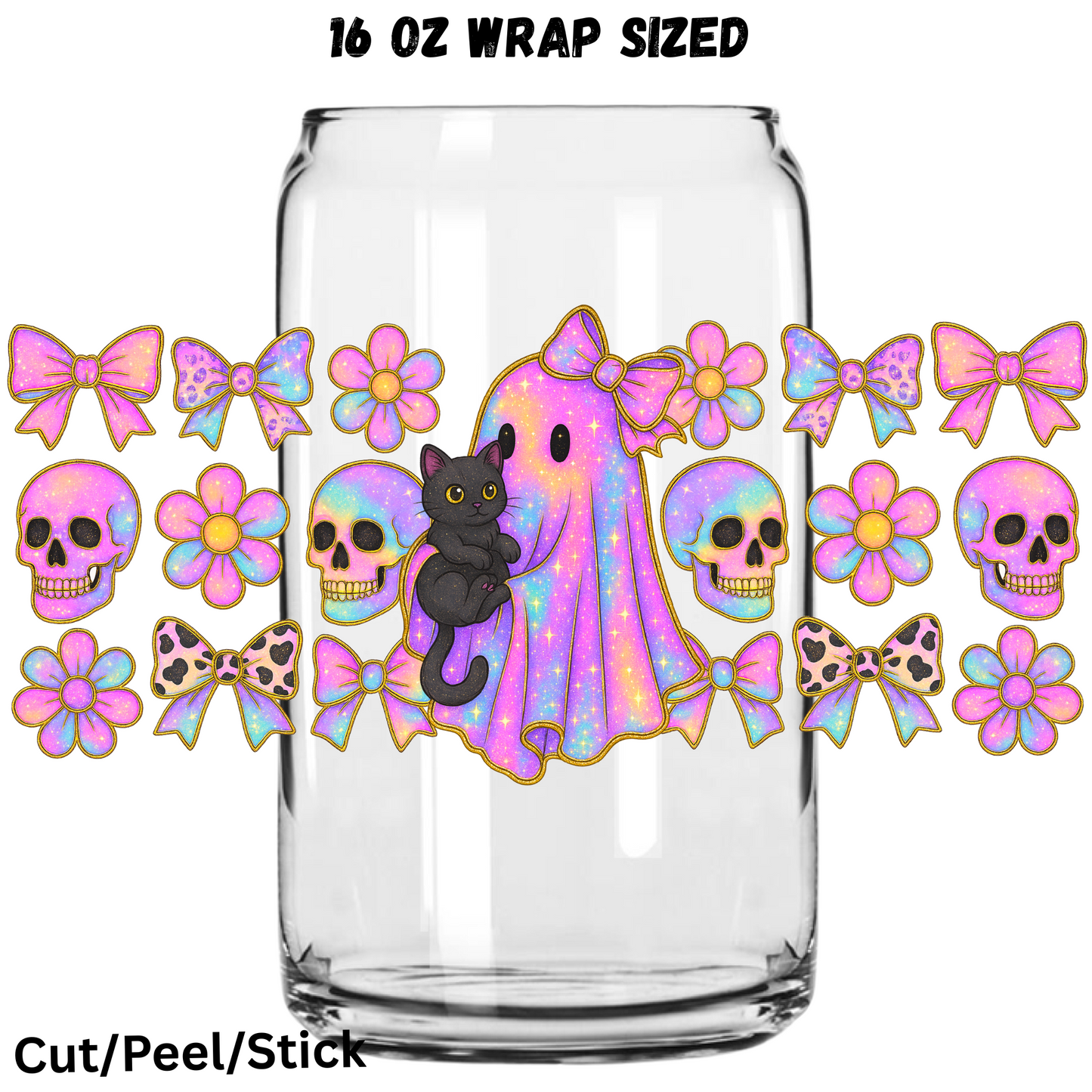 Flower Ghost Cat UV DTF 16 Oz wrap