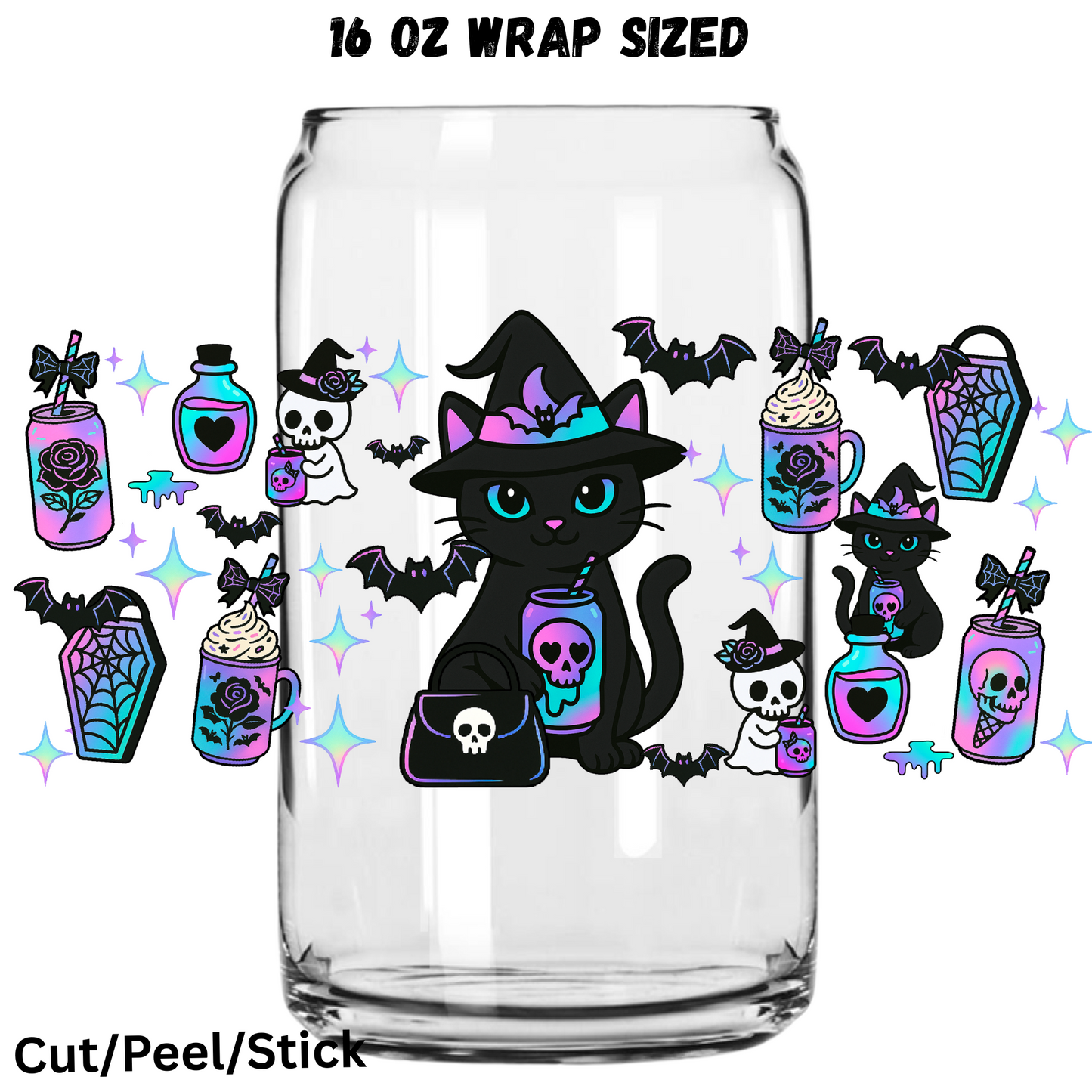Coffee Cat and Bats UV DTF 16 Oz wrap