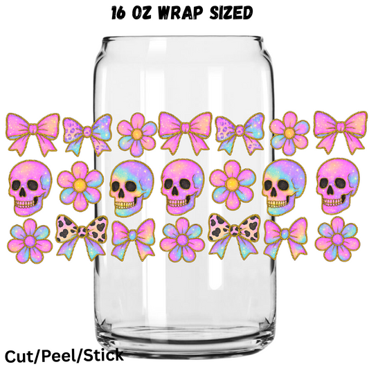 Skulls Flowers and Bows UV  DTF 16 Oz wrap