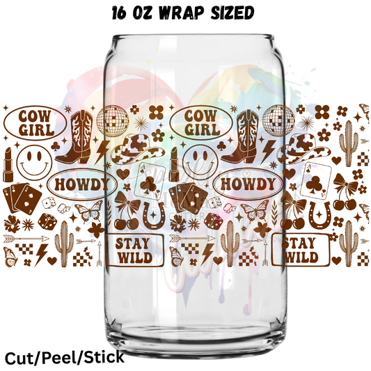 Howdy CowGirl Brown UV  DTF 16 Oz wrap