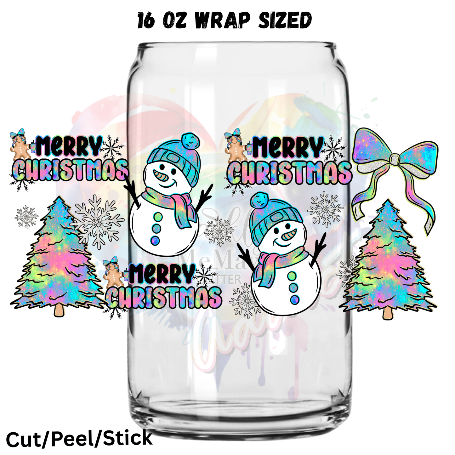 Colorful Merry Christmas Snowmen UV DTF 16 Oz wrap