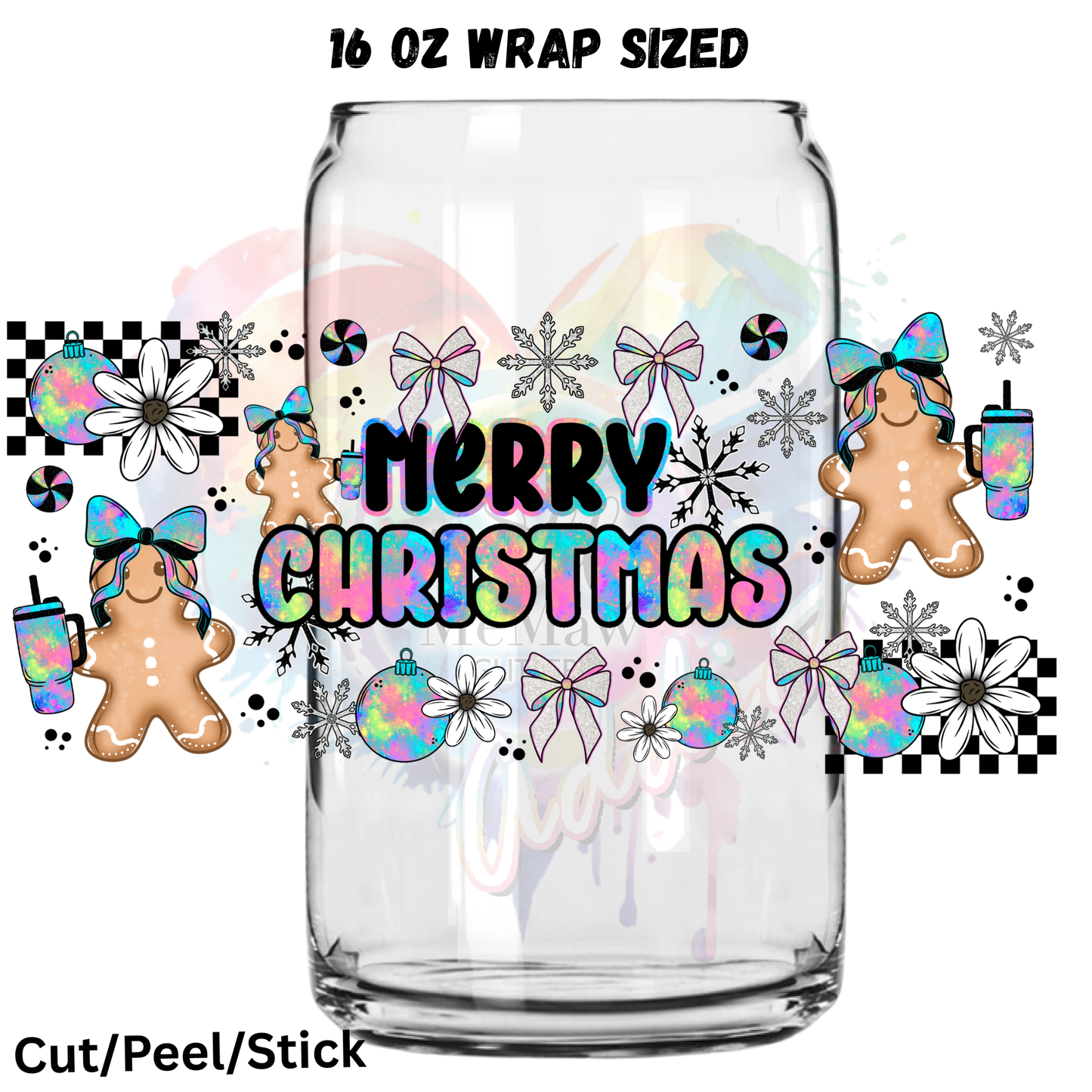 Colorful Merry Christmas Gingerbread UV DTF 16 Oz wrap