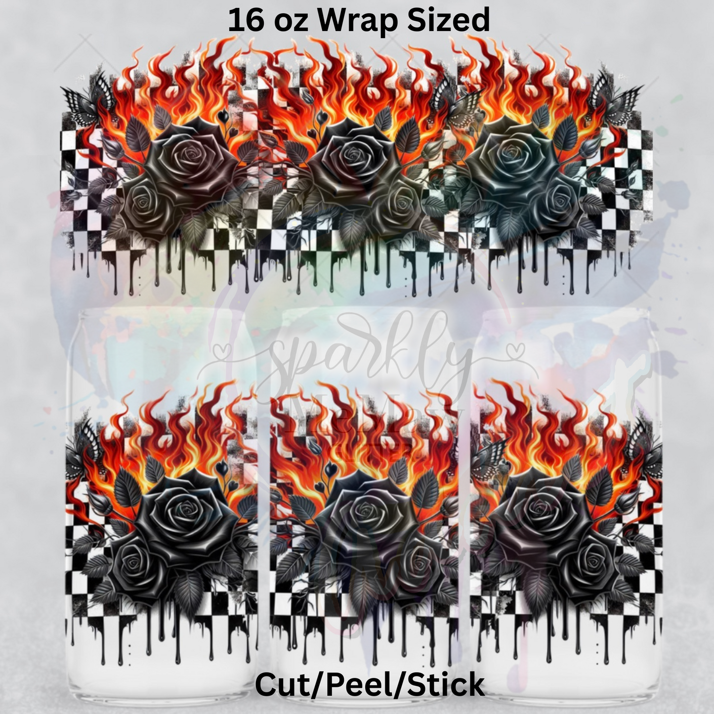 Black Roses and Flames UV DTF 16 Oz wrap