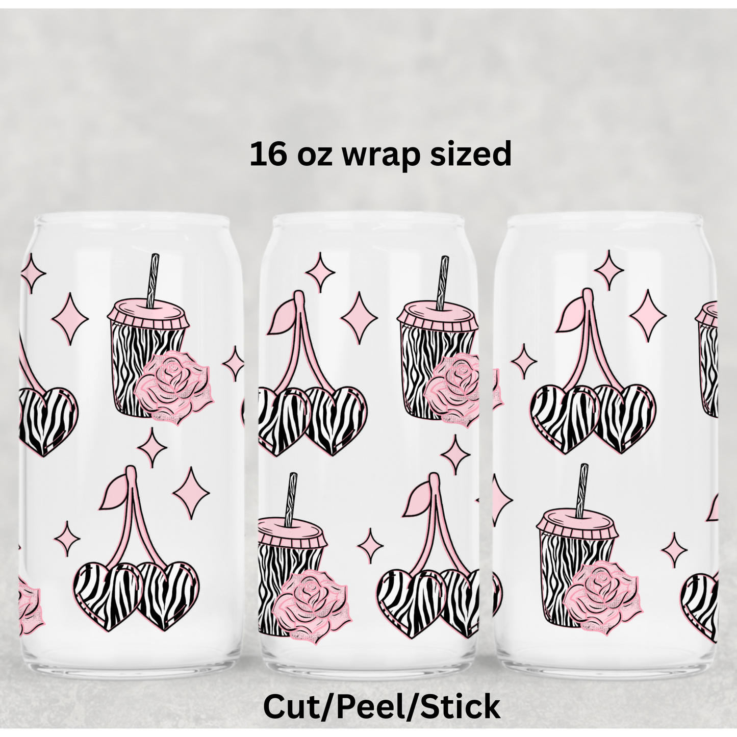 Zebra hearts and flowers UV DTF 16 Oz wrap