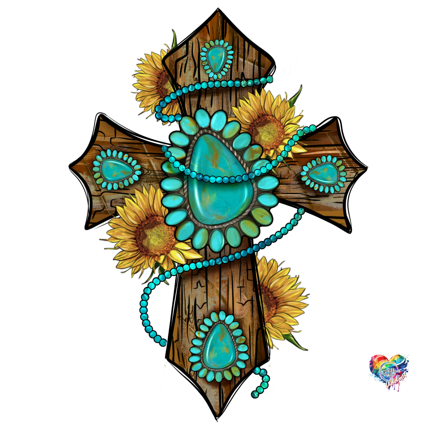Western GemStone Sunflower Cross UV DTF Decal 3.5 inches wide