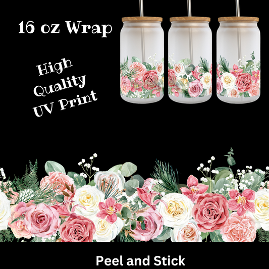 Pink/White Floral UV DTF 16 oz Wrap