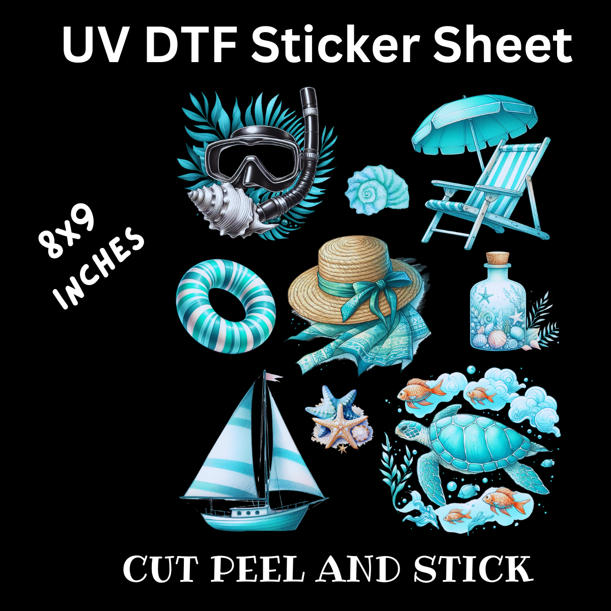 Blue Beach UV DTF Decal Sticker Sheet 8x9 inches