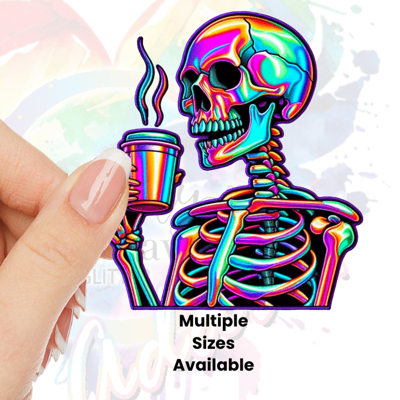 Holographic Skull drinking coffee (faux embroidery) Uv dtf Decal