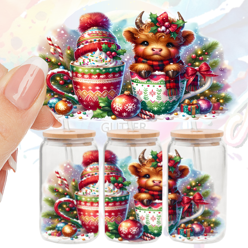 Christmas cow with mug uv dtf wrap