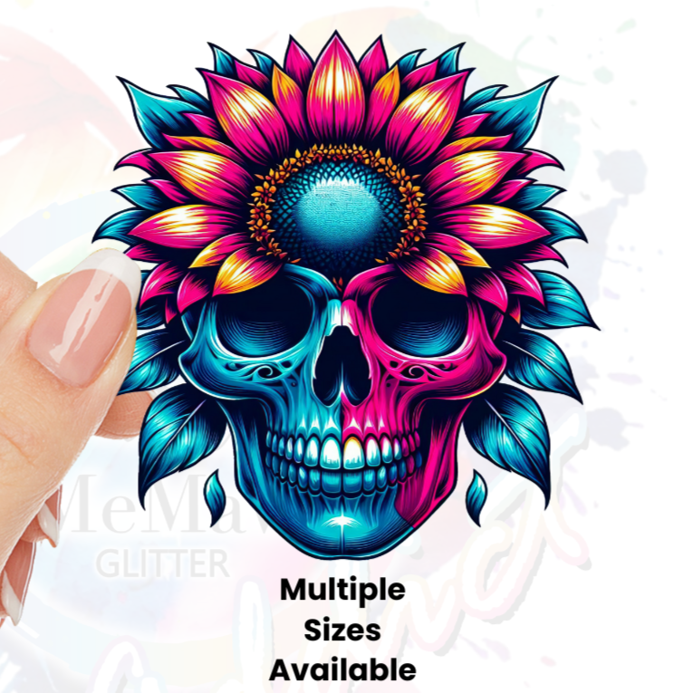 Vibrant Sunflower Skull UV DTF Decal