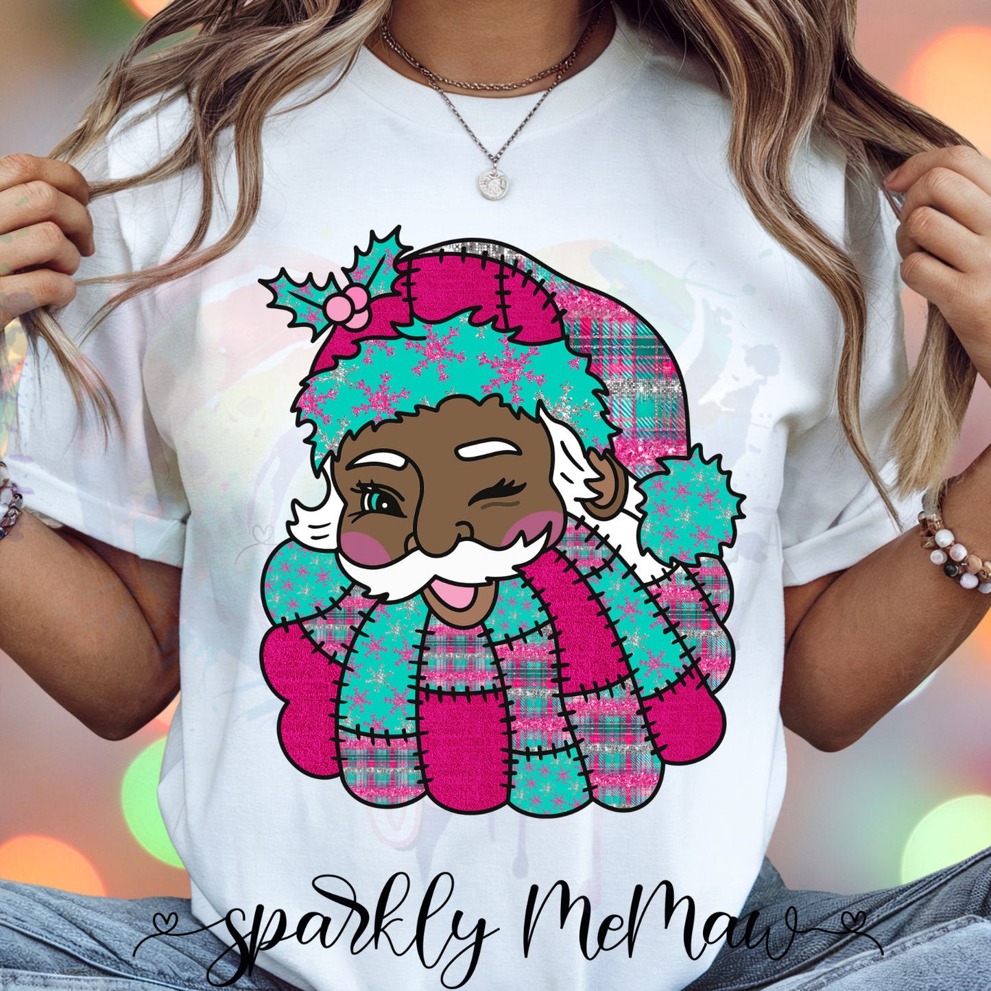 Teal and Pink Santa version 2 Ready to Press DTF Transfer (Fabrics only)