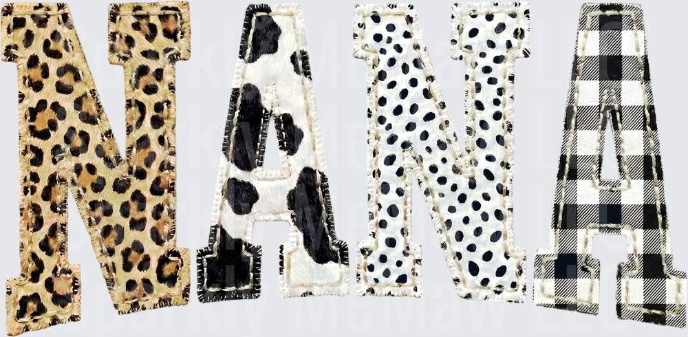 NANA Letters with Leopard Print Cow Print Polka Dots Buffalo Plaid Patterns UV DTF Decal
