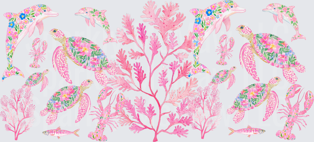 Pink Floral Ocean Animals UV DTF 16 OZ Wrap