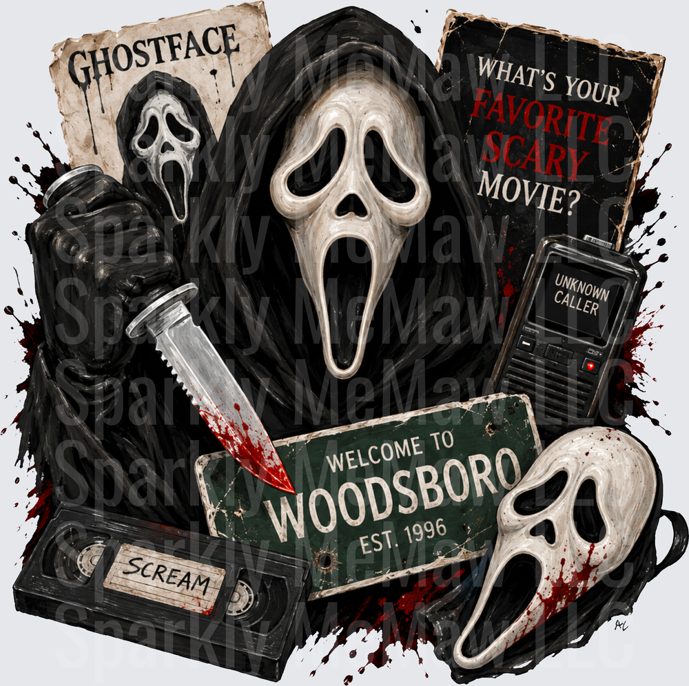 Ghostface Scream Horror Collage Welcome To Woodsboro Bloody Knife VHS Wanted Poster What's Your Favorite Scary Movie uv dtf decal
