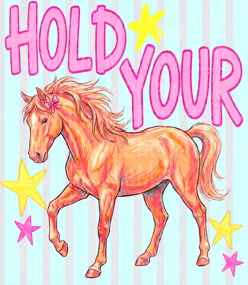 Hold Your Horses Pink Bow Glam Horse with Stars on Striped Background DTF Transfer for Fabrics