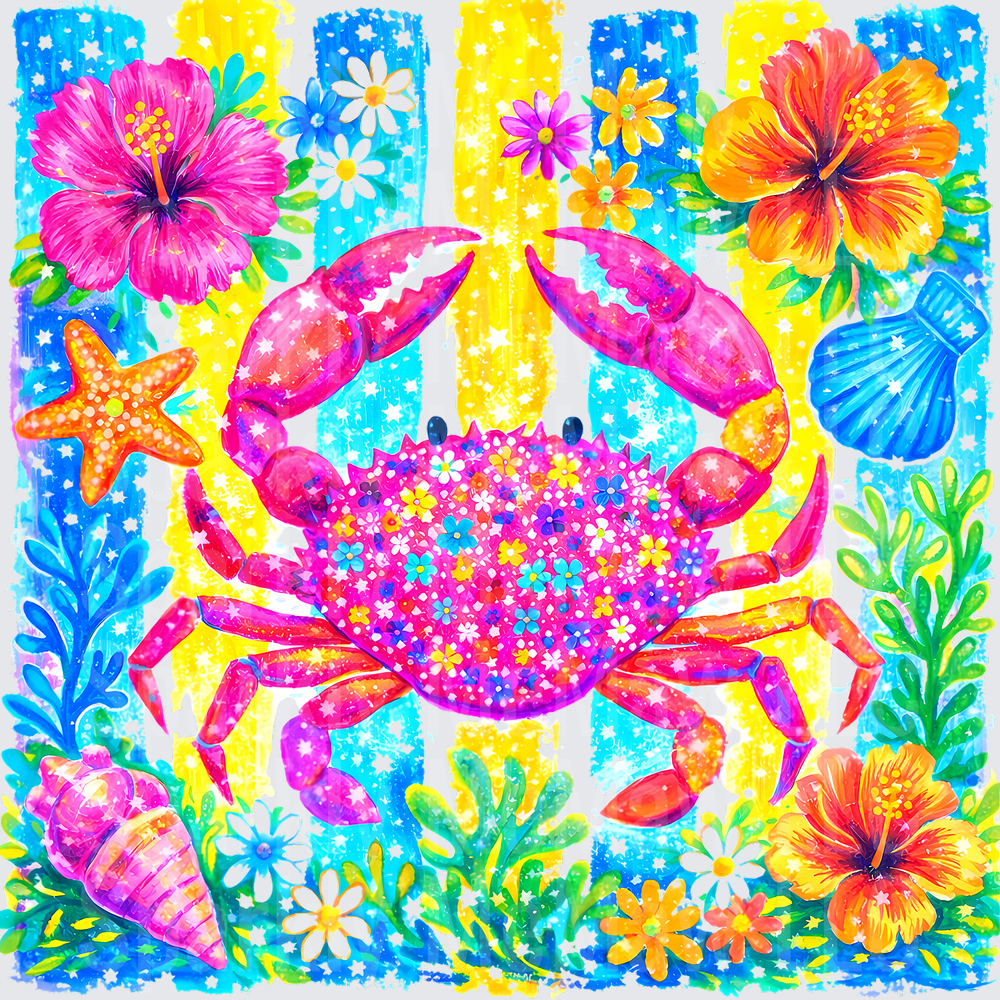 Tropical Rainbow Crab with Hibiscus Flowers and Seashells UV DTF Decal