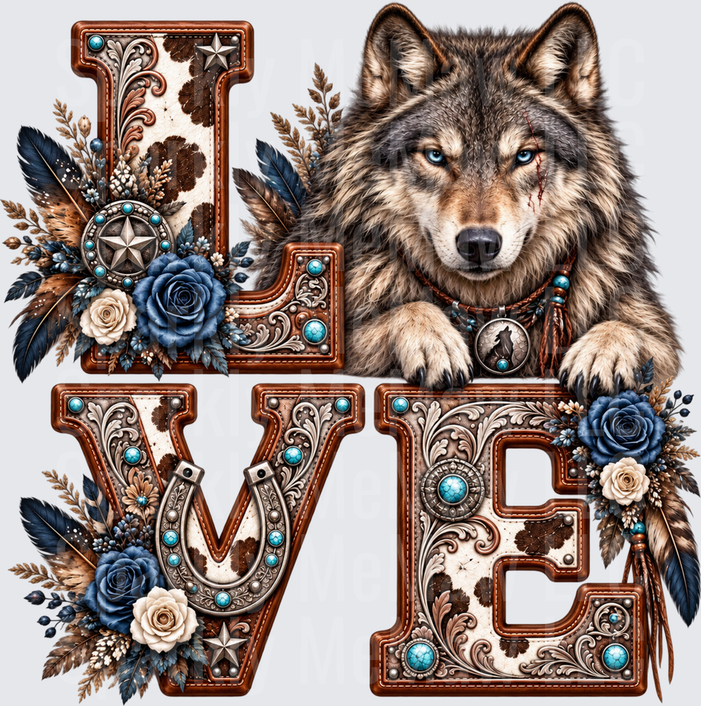Western Wolf LOVE Floral UV DTF Decal