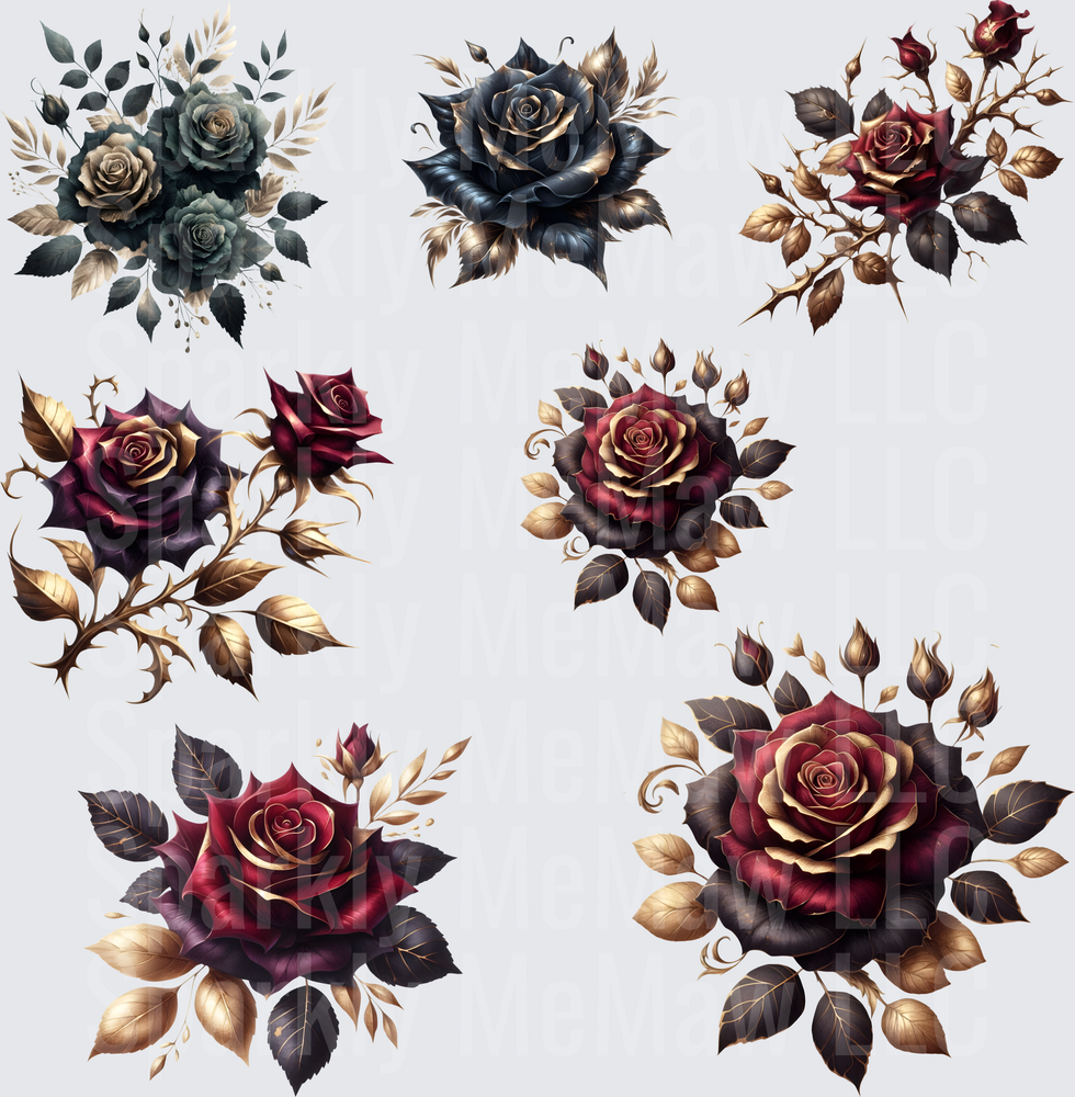 Gothic Dark Roses Gold Leaves Bundle – 10x10 Inch Sheet