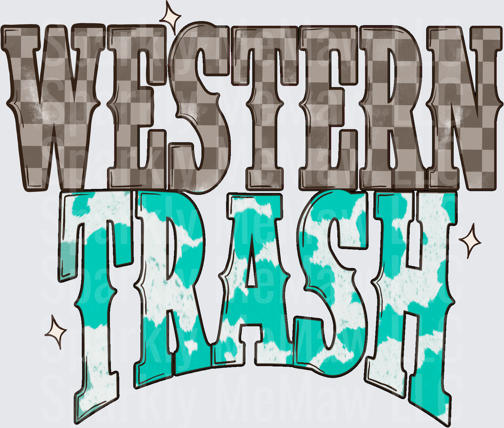 Western Trash Retro Text Design with Checkered Brown and Turquoise Colors UV DTF Decal