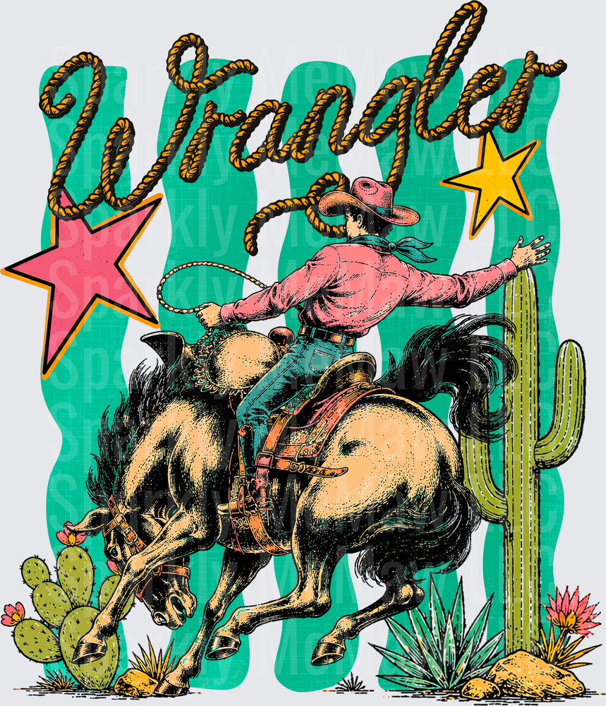 Vintage Western Cowboy Wrangler Rope Lasso Rodeo Horse Desert Cactus Stars DTF Transfer