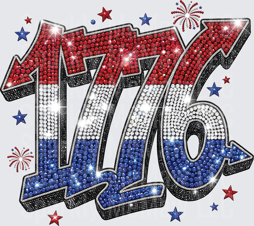 1776 Red White Blue Rhinestone Letters with Patriotic Stars and Fireworks UV DTF Decal