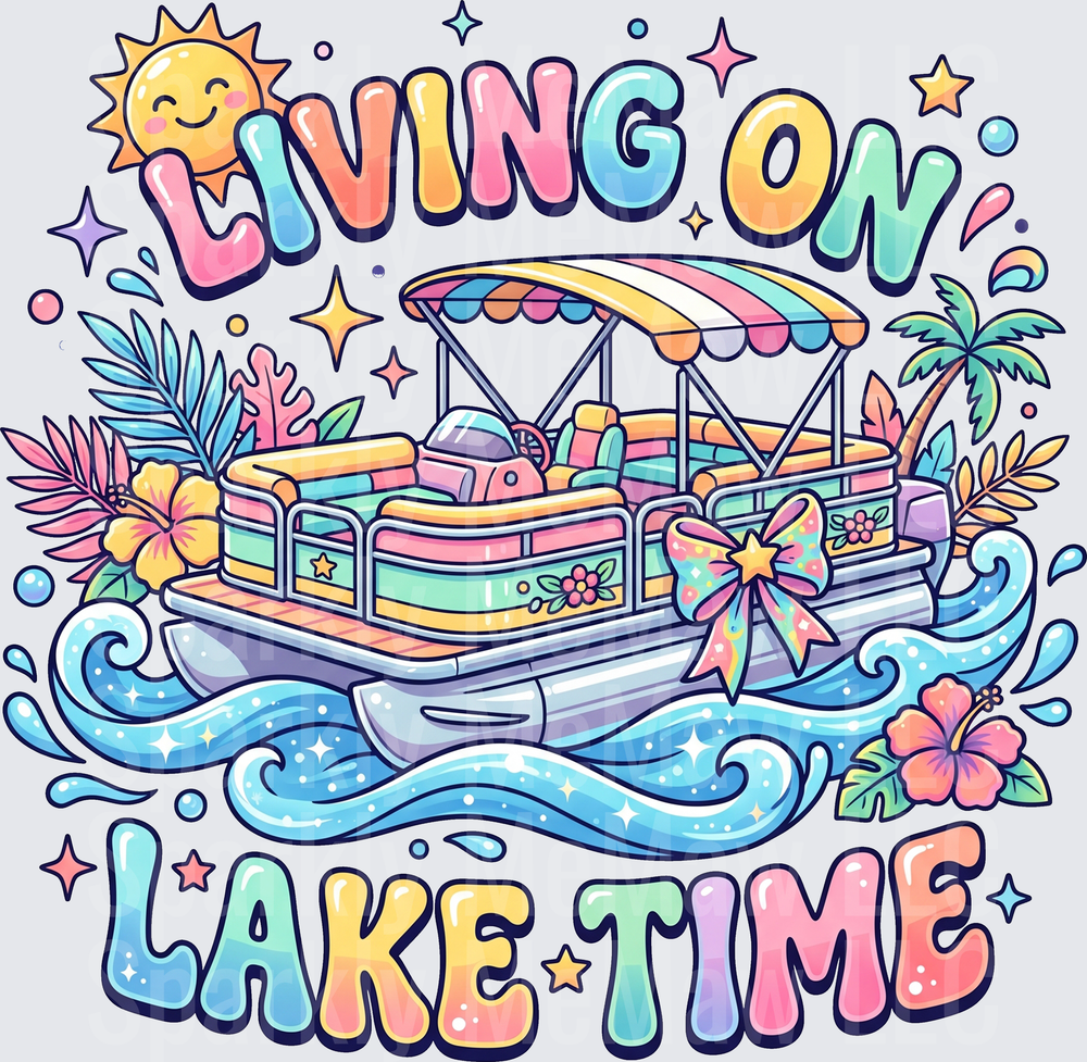 Living On Lake Time Colorful Pontoon Boat with Tropical Flowers and Sun UV DTF Decal