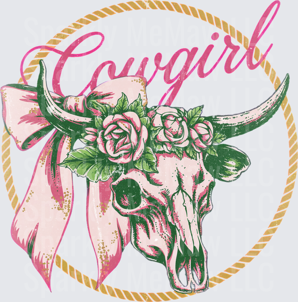 UV DTF Decal Cowgirl Bull Skull with Pink Roses Floral Crown and Coquette Bow Inside Gold Rope Lasso Circle