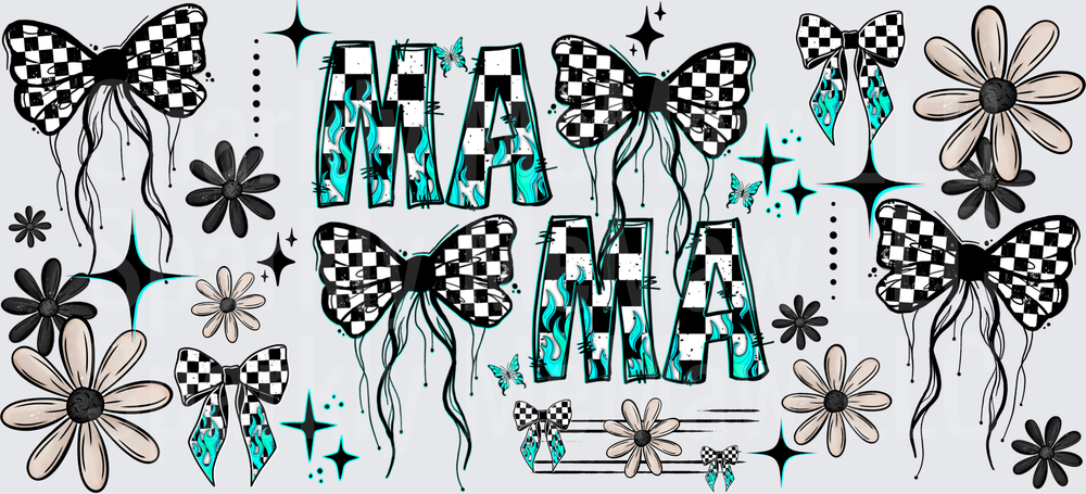 Checkered Flame Mama Bow Floral UV DTF 16 OZ Wrap