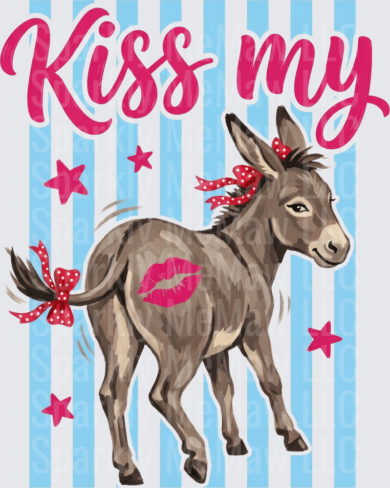 Kiss My Donkey with Pink Lips and Red Polka Dot Bows DTF Transfer for Fabric