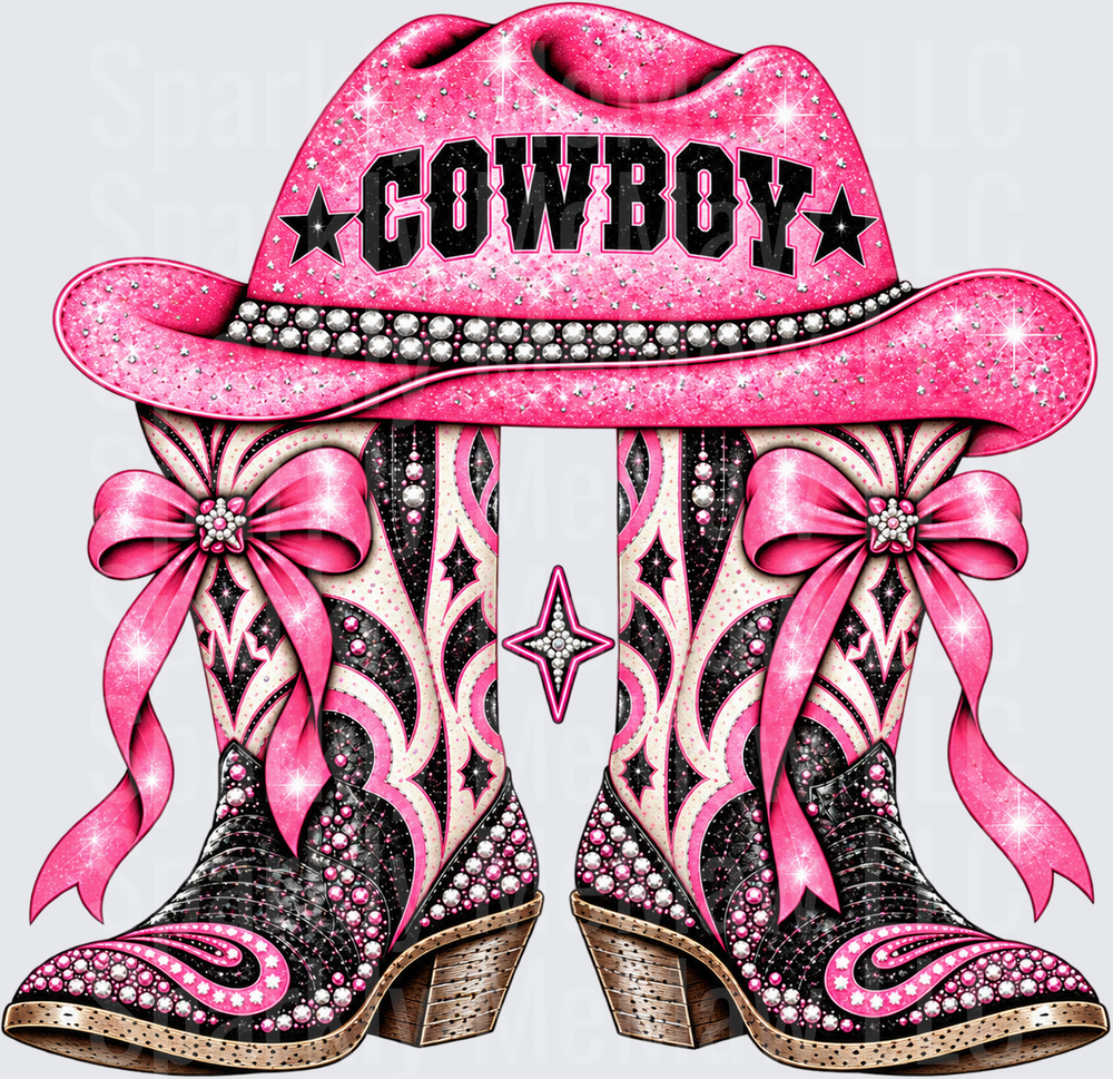 Pink Glitter Cowboy Hat Boots is a UV DTF Decal