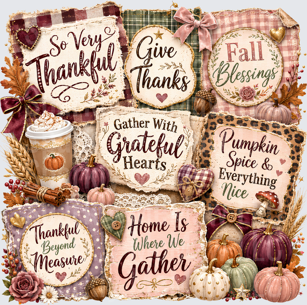 Thankful Fall Pumpkin Spice Collage is a DTF Transfer for fabrics
