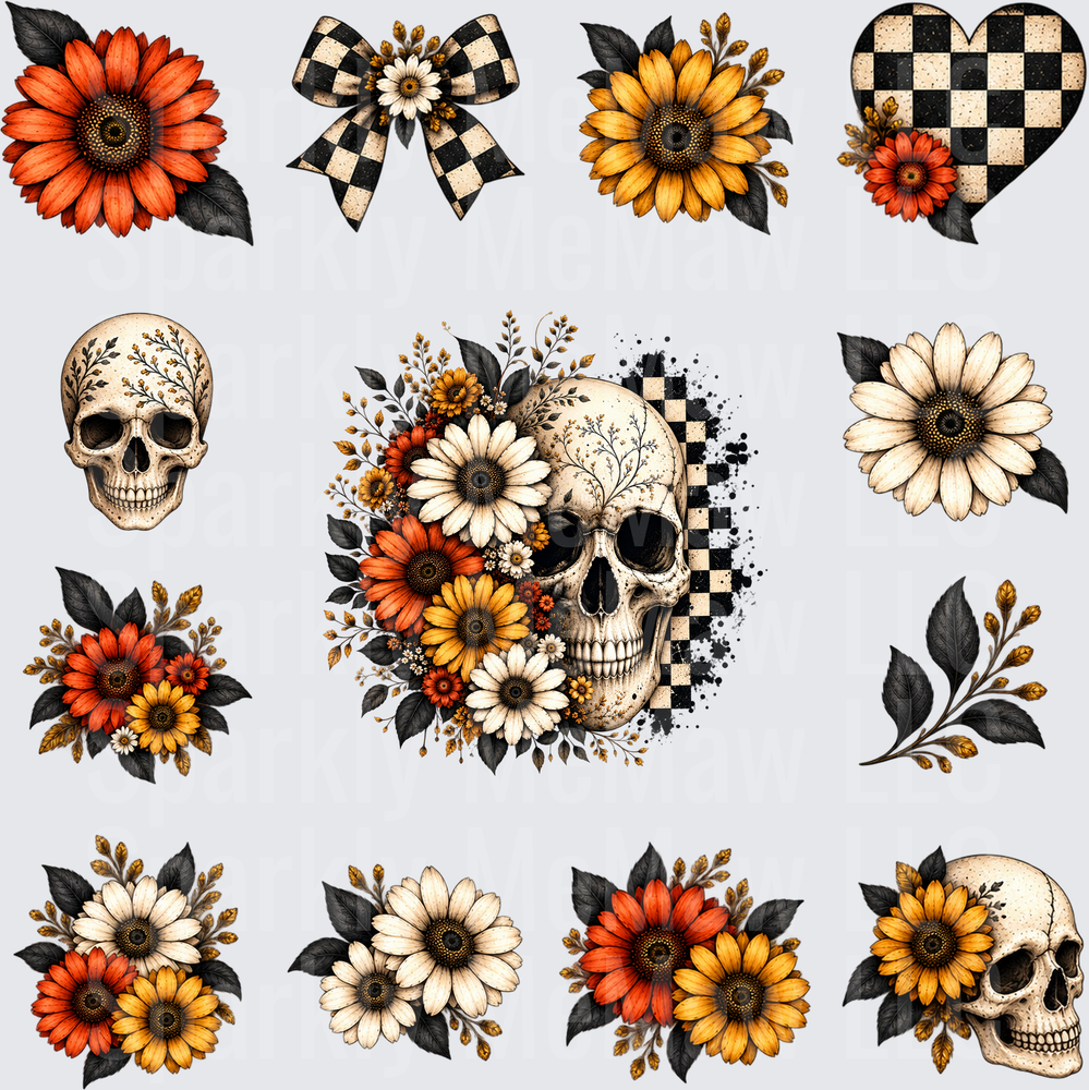 Skull Floral Checkered Bundle this is a 10 inch cut and stick UV Decal Sheet