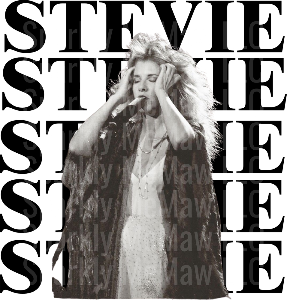 Stevie Nicks Black and White Portrait with Repeating Name Text UV DTF Decal