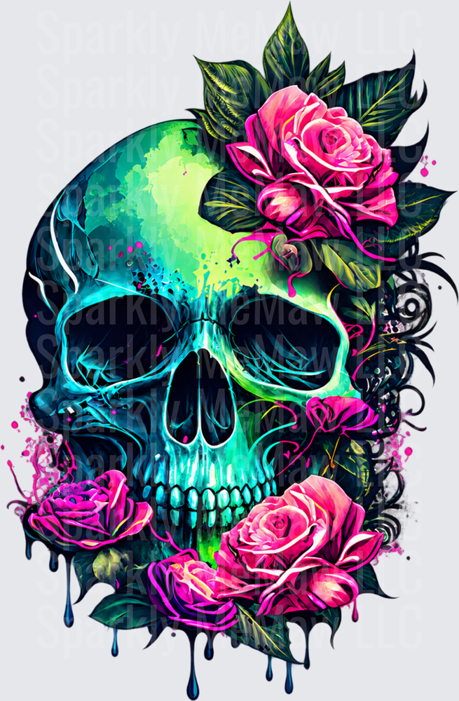 Neon Skull Pink Roses DTF Transfer for Fabrics