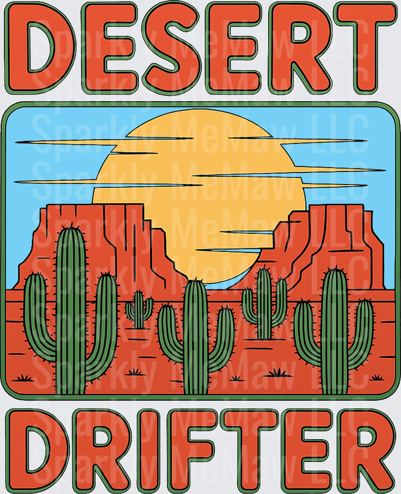 Desert Drifter Southwest Sunset Mesa Saguaro Cactus Retro Badge DTF Transfer for Fabrics
