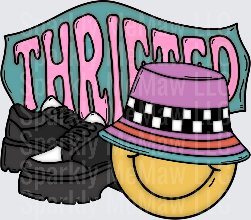 THRIFTED Dripping Pink Text with Smiley Face and Black Sneakers UV DTF Decal