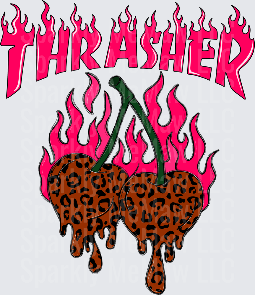 Thrasher Magazine Logo with Leopard Print Melting Cherries and Pink Flames UV DTF Decal