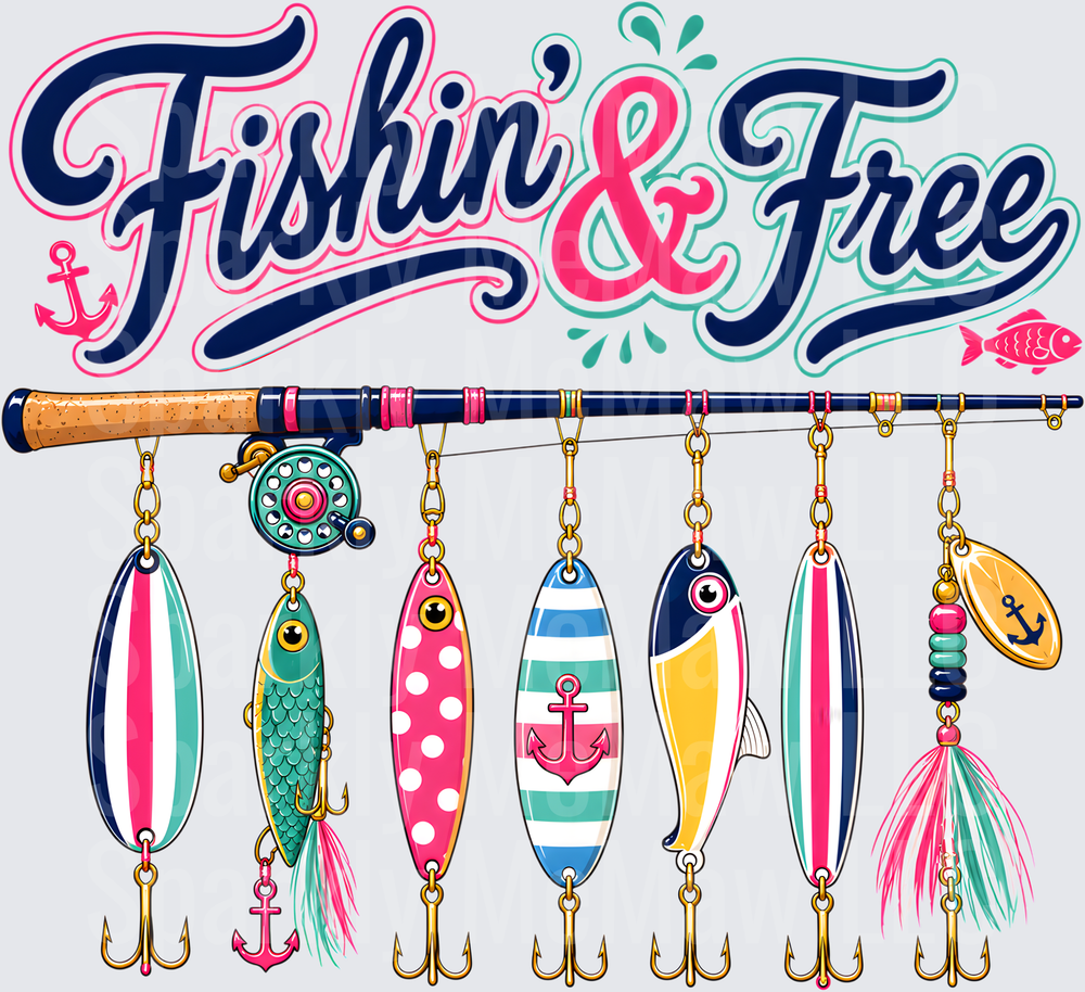 Fishin' & Free Fishing Rod with Colorful Lures and Anchors UV DTF Decal