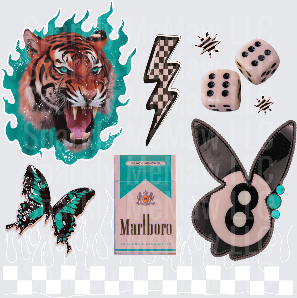 Tiger Head with Flames Lightning Bolt Dice Butterfly Cigarette Pack Bunny Head UV DTF Decal