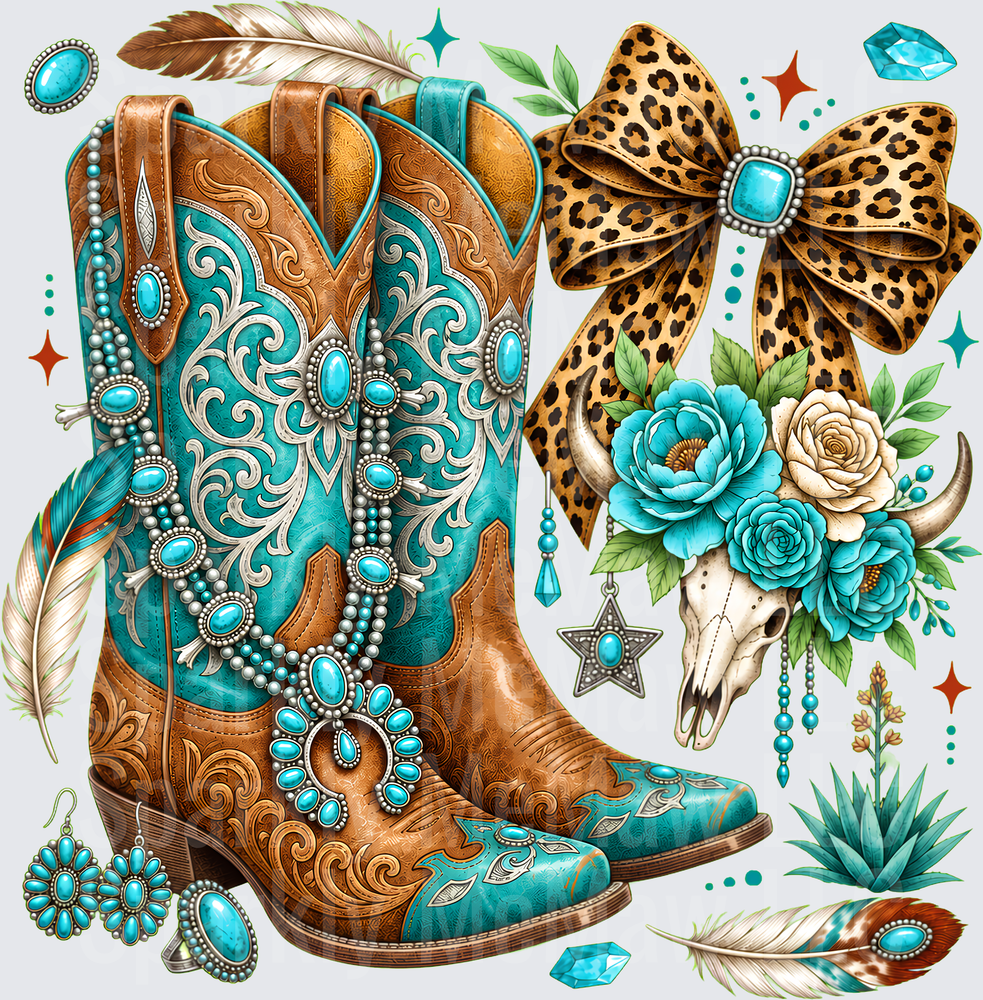Turquoise Cowboy Boots Western Glam UV DTF Decal