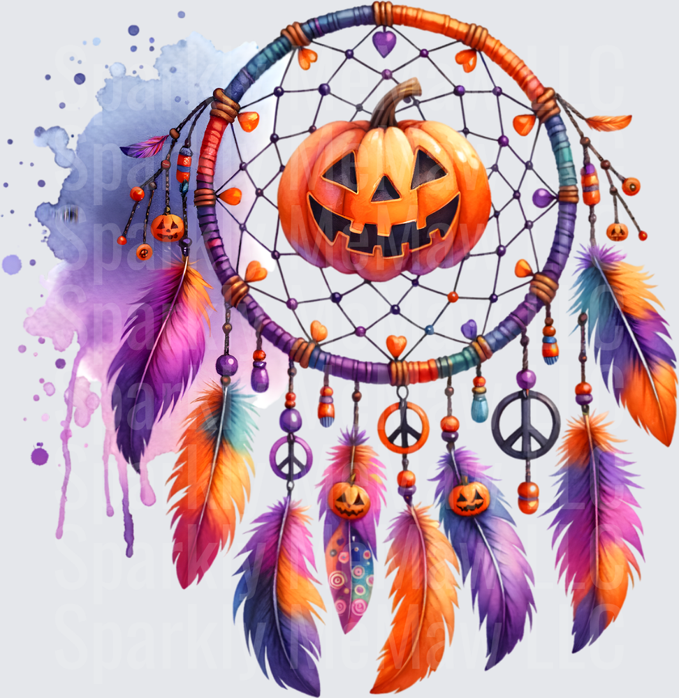 Halloween Pumpkin Jack-o'-Lantern Dreamcatcher with Colorful Feathers and Peace Signs DTF Transfer for Fabric